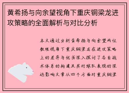 黄希扬与向余望视角下重庆铜梁龙进攻策略的全面解析与对比分析