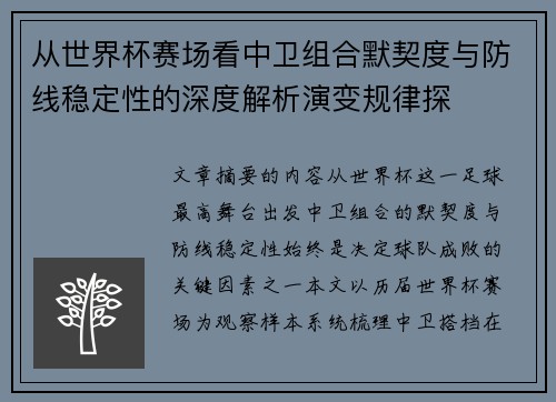 从世界杯赛场看中卫组合默契度与防线稳定性的深度解析演变规律探
